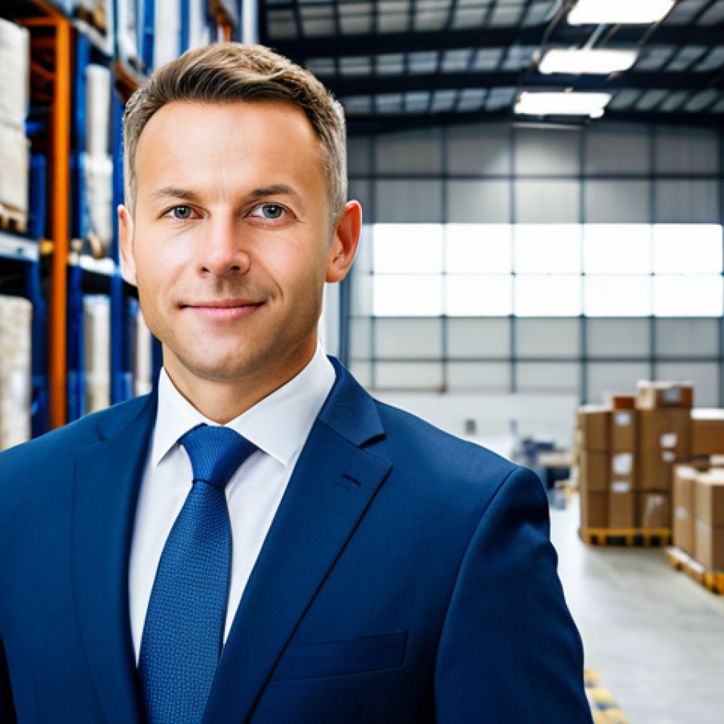 **

"A confident logistics professional, fully clothed in a professional business suit, standing in a modern, brightly lit warehouse with automated systems visible in the background, appropriate attire, safe for work, perfect anatomy, natural proportions, professional, family-friendly, high quality image."

**