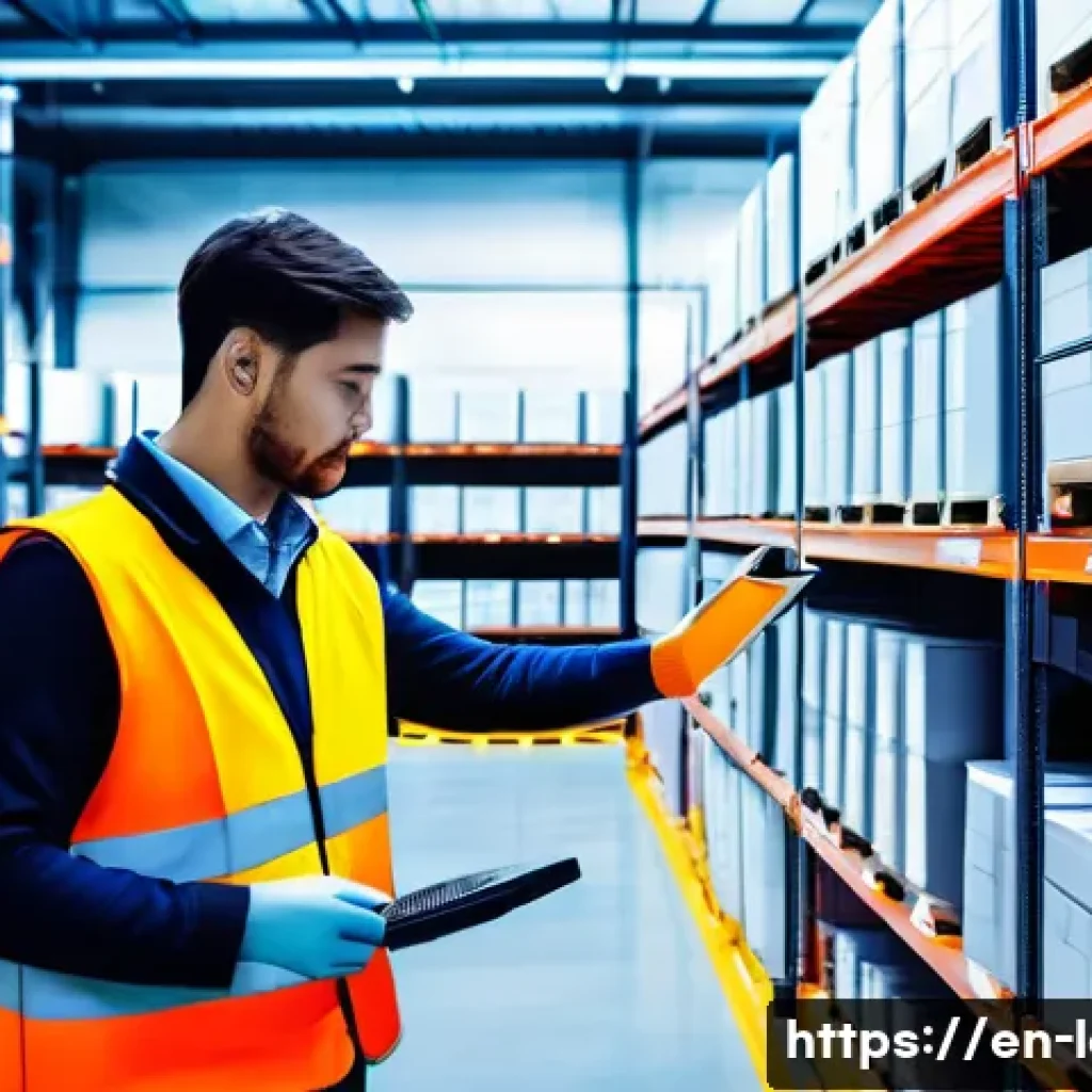 물류정보관리사와 물류창고 관리 전략 - A modern warehouse interior bustling with activity, featuring rows of tall modular shelving units st...