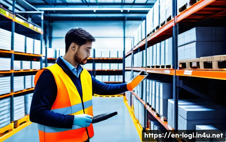 물류정보관리사와 물류창고 관리 전략 - A modern warehouse interior bustling with activity, featuring rows of tall modular shelving units st...