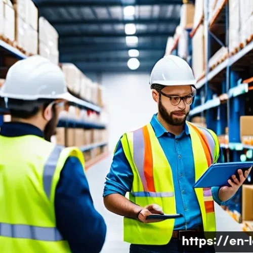 Home 33 물류정보관리사 자격증 취득 후 커리어 플랜 - A modern warehouse interior bustling with activity, showing a diverse team of logistics professional...