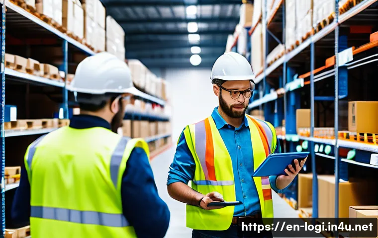 물류정보관리사 자격증 취득 후 커리어 플랜 - A modern warehouse interior bustling with activity, showing a diverse team of logistics professional...