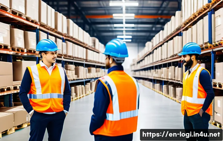 물류정보관리사 자격증 취득 후 첫 업무 일기 - A busy modern warehouse interior with diverse logistics professionals wearing business casual attire...