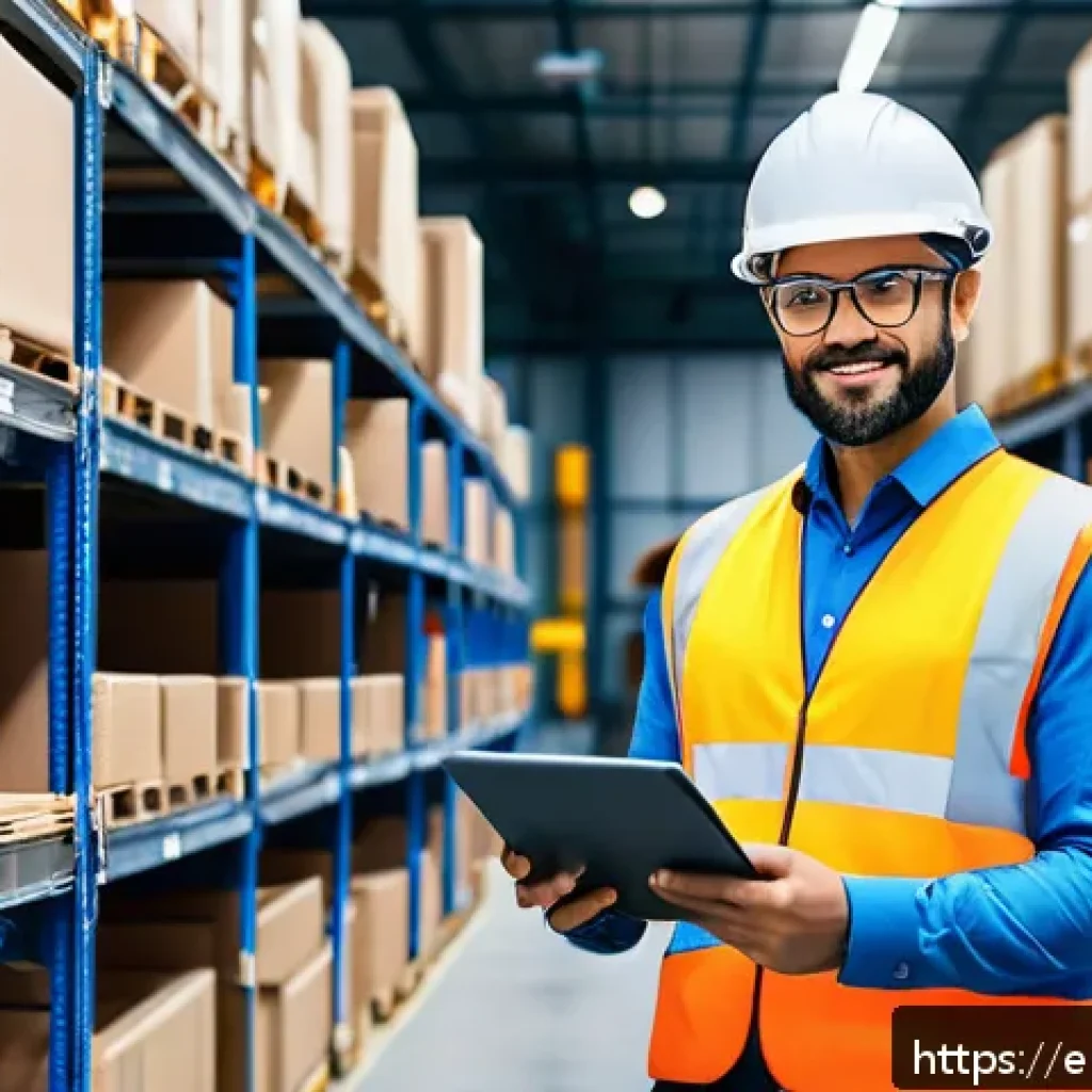물류정보관리사 자격증의 국내외 비교 - A professional logistics manager standing confidently inside a modern warehouse filled with neatly o...