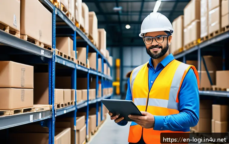 물류정보관리사 자격증의 국내외 비교 - A professional logistics manager standing confidently inside a modern warehouse filled with neatly o...