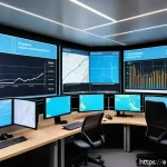 Home 18 물류정보관리사와 물류 업계의 지속 가능성 - A modern logistics control room with large digital screens displaying real-time supply chain analyti...