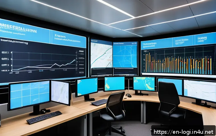 물류정보관리사와 물류 업계의 지속 가능성 - A modern logistics control room with large digital screens displaying real-time supply chain analyti...
