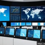 Home 23 물류정보관리사로 성공적인 경력 쌓기 - A high-tech logistics control room with multiple large digital screens displaying real-time inventor...