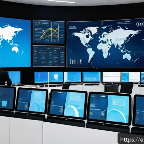 Home 17 물류정보관리사로 성공적인 경력 쌓기 - A high-tech logistics control room with multiple large digital screens displaying real-time inventor...