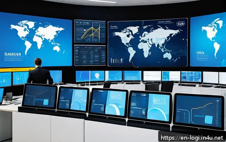 물류정보관리사로 성공적인 경력 쌓기 - A high-tech logistics control room with multiple large digital screens displaying real-time inventor...